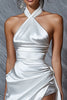 Load image into Gallery viewer, White Satin Halter Asymmetrical Bodycon Graduation Dress