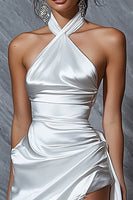 Load image into Gallery viewer, White Satin Halter Asymmetrical Bodycon Graduation Dress