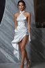 Load image into Gallery viewer, White Satin Halter Asymmetrical Bodycon Graduation Dress