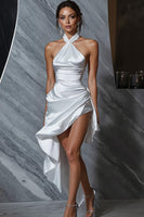 Load image into Gallery viewer, White Satin Halter Asymmetrical Bodycon Graduation Dress