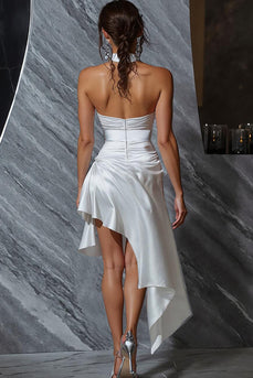 White Satin Halter Asymmetrical Bodycon Graduation Dress