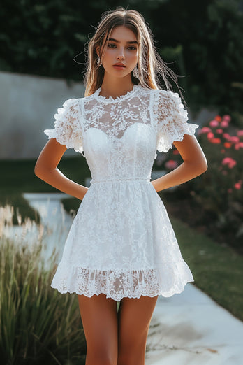 White Lace Short Sleeves  A Line Short Graduation Dress