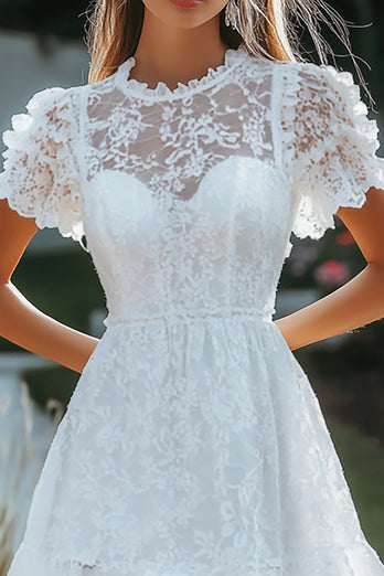 White Lace Short Sleeves  A Line Short Graduation Dress