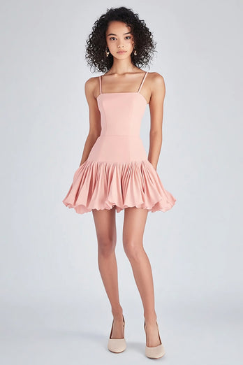Pink Satin Short A Line Graduation Dress with Ruffles