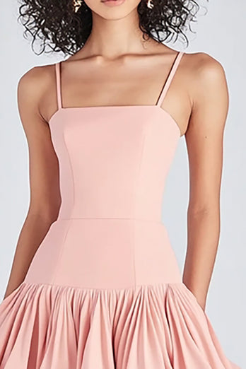 Pink Satin Short A Line Graduation Dress with Ruffles