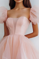 Load image into Gallery viewer, Pink Tulle Puff Sleeves Short A Line Graduation Dress