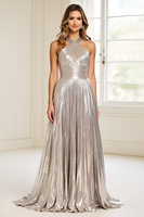 Load image into Gallery viewer, Silver Metallic Pleated Long Prom Dress with Keyhole