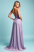 Load image into Gallery viewer, Lilac Pleated Satin A Line Long Prom Dress with Slit