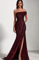 Load image into Gallery viewer, Sparkly Burgundy One Shoulder Mermaid Long Prom Dress with Slit