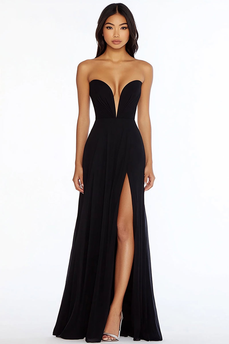 Load image into Gallery viewer, Black Strapless Sheath Long Prom Dress with Slit