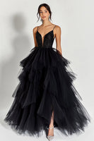 Load image into Gallery viewer, Sparkly Black Tulle Beaded Ball Gown Long Prom Dress with Ruffles