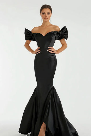 Black Satin Off the Shoulder Mermaid Long Prom Dress with Bows