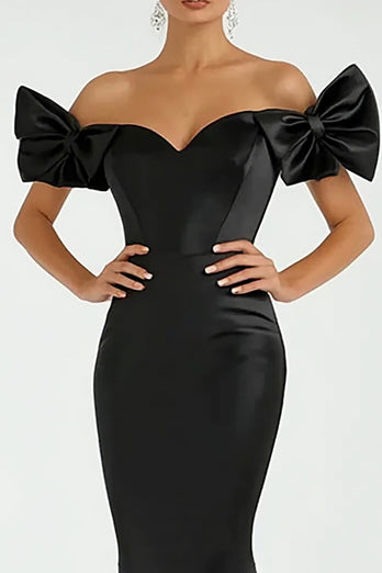 Black Satin Off the Shoulder Mermaid Long Prom Dress with Bows