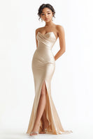 Load image into Gallery viewer, Champagne Satin Sweetheart Ruched Mermaid Long Prom Dress with Slit