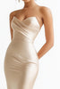 Load image into Gallery viewer, Champagne Satin Sweetheart Ruched Mermaid Long Prom Dress with Slit
