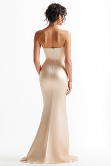 Champagne Satin Sweetheart Ruched Mermaid Long Prom Dress with Slit