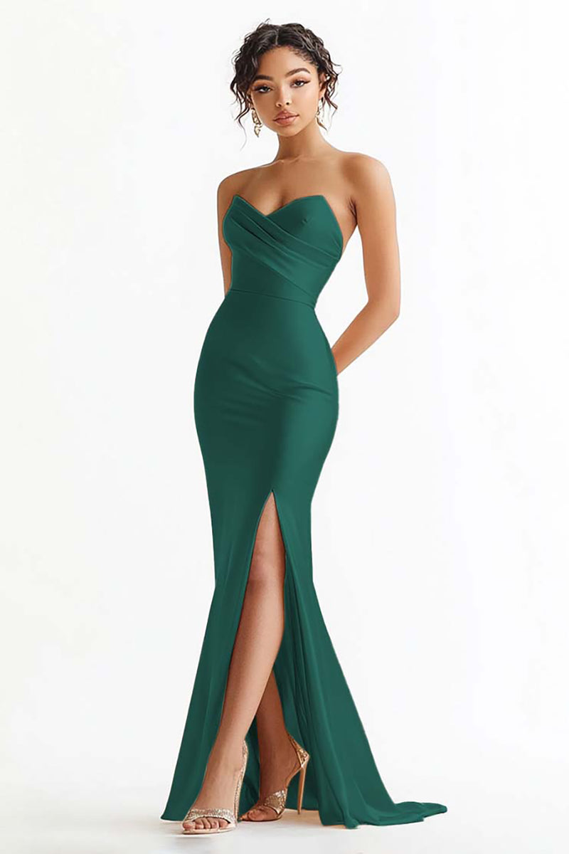 Load image into Gallery viewer, Rust Satin Mermaid Sweetheart Ruched Long Prom Dress with Slit