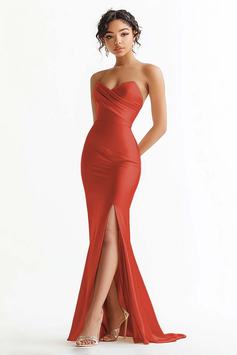 Load image into Gallery viewer, Rust Satin Mermaid Sweetheart Ruched Long Prom Dress with Slit