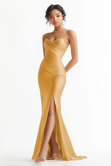 Rust Satin Mermaid Sweetheart Ruched Long Prom Dress with Slit