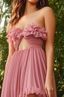 Load image into Gallery viewer, Dusty Rose Chiffon Pleated Asymmetrical Long Prom Dress with Ruffles