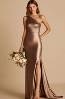 Load image into Gallery viewer, Coffee Satin One Shoulder Mermaid Long Prom Dress with Slit