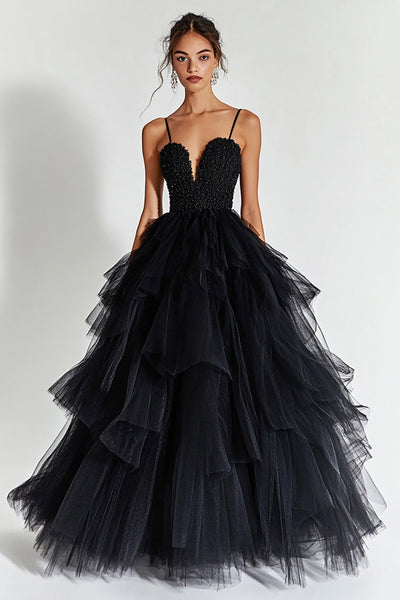 Sparkly Black Beaded Tulle Ball Gown Long Prom Dress with Ruffles