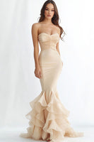 Load image into Gallery viewer, Champagne Satin Ruched Mermaid Long Prom Dress with Ruffles