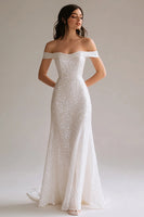 Load image into Gallery viewer, Sparkly White Sequin Sheath Off the Shoulder Long Prom Dress