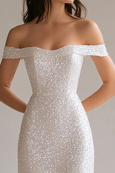 Sparkly White Sequin Sheath Off the Shoulder Long Prom Dress