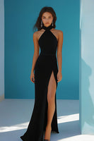 Load image into Gallery viewer, Black Sheath High Neck Long Prom Dress with Slit