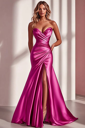Fuchsia Satin Sweetheart Ruched Mermaid Long Prom Dress with Slit