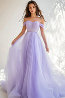 Load image into Gallery viewer, Lilac Tulle Beaded Off the Shoulder Ball Gown Long Prom Dress