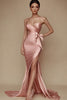 Load image into Gallery viewer, Satin Pink Strapless Ruched Mermaid Long Prom Dress with Slit