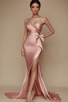 Load image into Gallery viewer, Satin Pink Strapless Ruched Mermaid Long Prom Dress with Slit