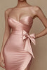 Load image into Gallery viewer, Satin Pink Strapless Ruched Mermaid Long Prom Dress with Slit