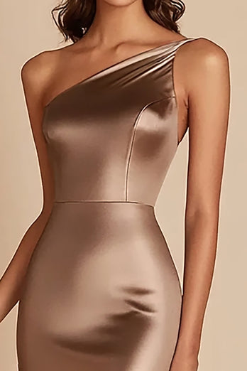 Coffee Satin Mermaid One Shoulder Long Prom Dress with Slit