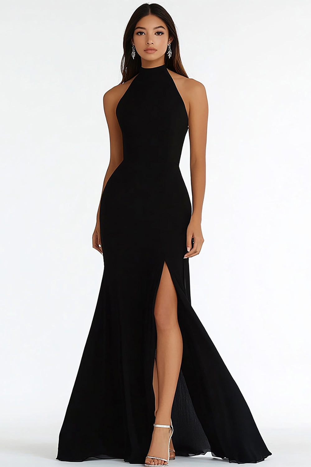 Black High Neck Mermaid Long Prom Dress with Slit