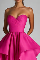 Load image into Gallery viewer, Fuchsia Satin A Line Pleated Ball Gown High Low Prom Dress with Ruffles