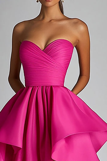 Fuchsia Satin Pleated Ball Gown High Low Prom Dress with Ruffles