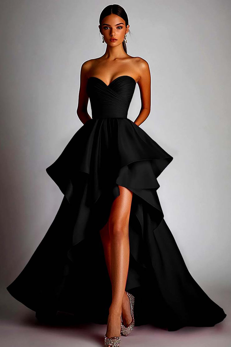 Load image into Gallery viewer, Fuchsia Satin A Line Pleated Ball Gown High Low Prom Dress with Ruffles