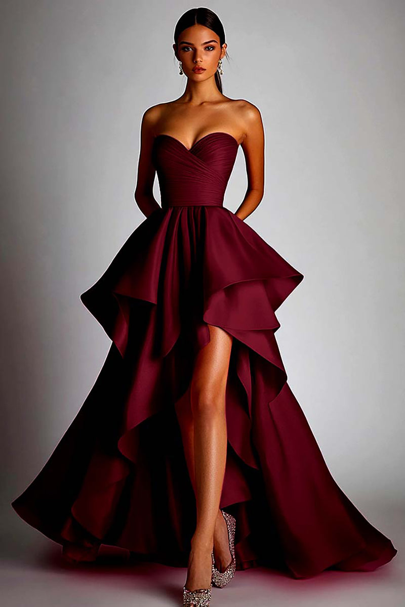 Load image into Gallery viewer, Fuchsia Satin A Line Pleated Ball Gown High Low Prom Dress with Ruffles