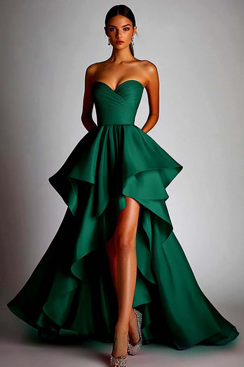 Fuchsia Satin A Line Pleated Ball Gown High Low Prom Dress with Ruffles