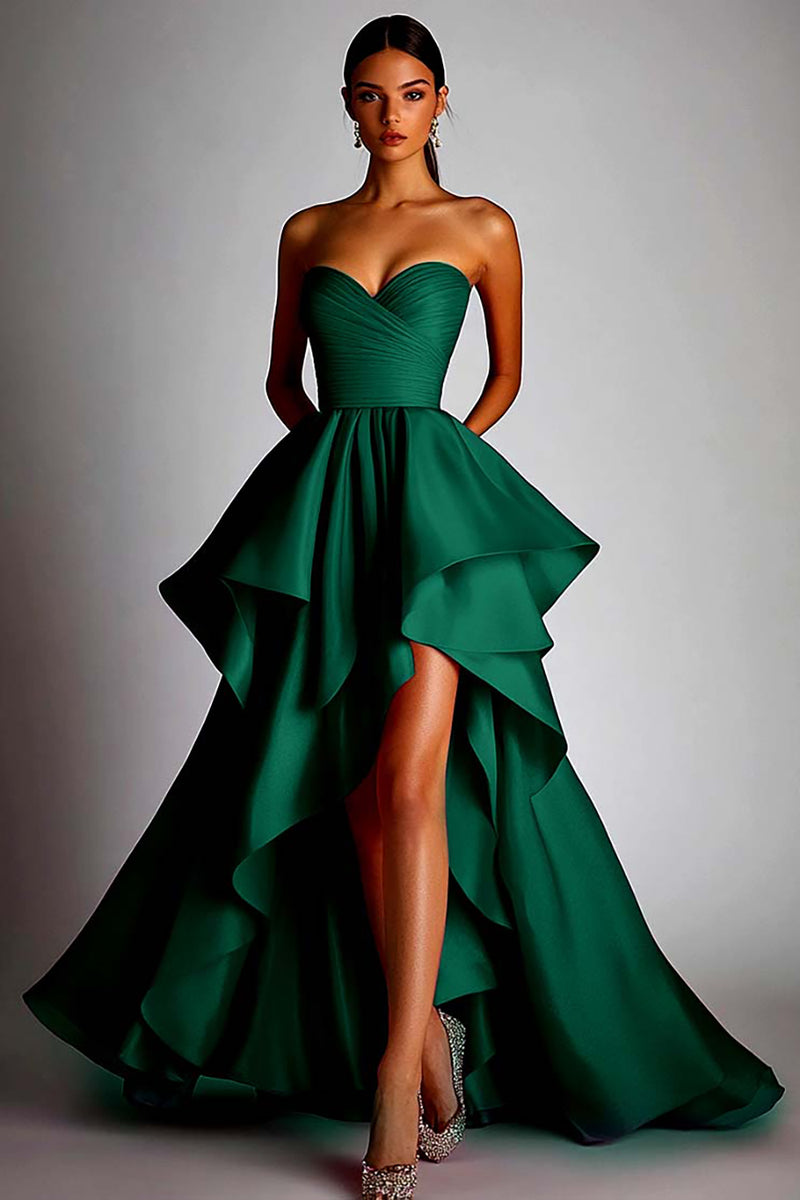 Load image into Gallery viewer, Fuchsia Satin A Line Pleated Ball Gown High Low Prom Dress with Ruffles