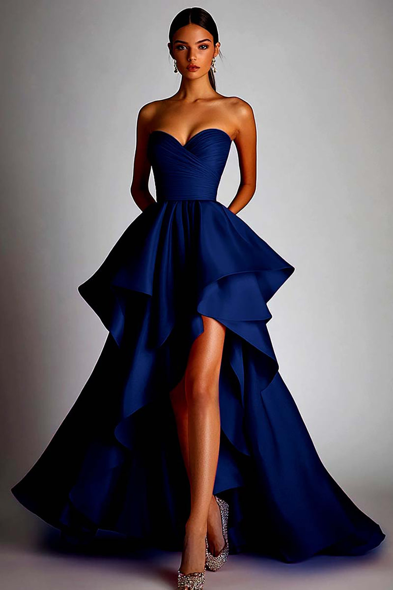 Load image into Gallery viewer, Fuchsia Satin A Line Pleated Ball Gown High Low Prom Dress with Ruffles