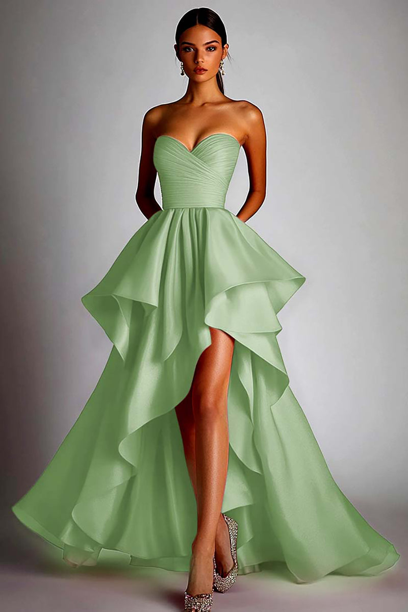 Load image into Gallery viewer, Fuchsia Satin A Line Pleated Ball Gown High Low Prom Dress with Ruffles