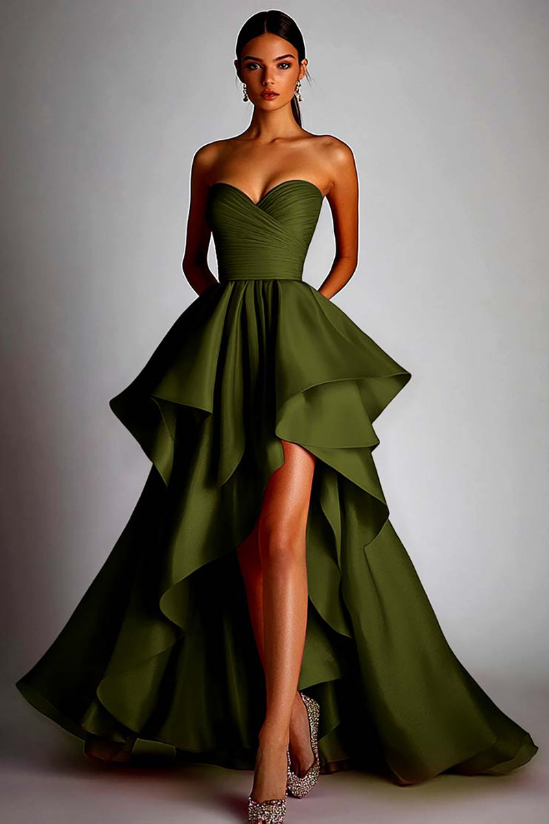 Load image into Gallery viewer, Fuchsia Satin A Line Pleated Ball Gown High Low Prom Dress with Ruffles