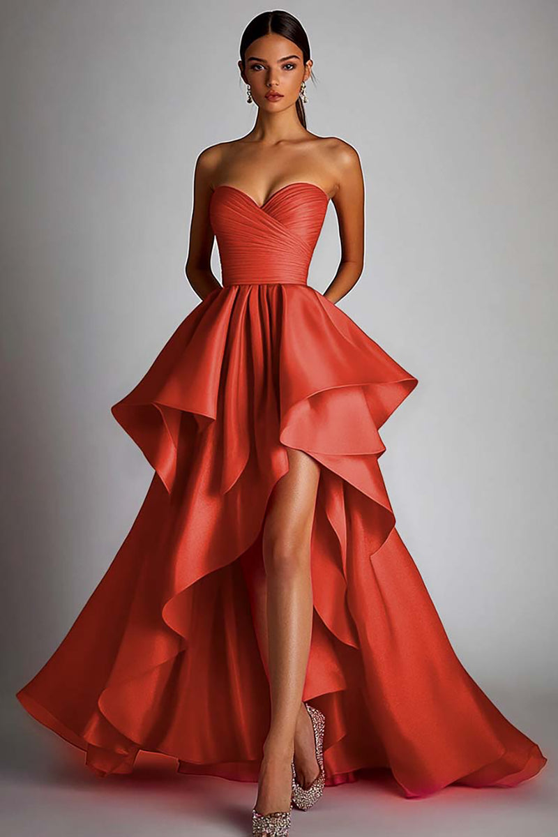 Load image into Gallery viewer, Fuchsia Satin A Line Pleated Ball Gown High Low Prom Dress with Ruffles