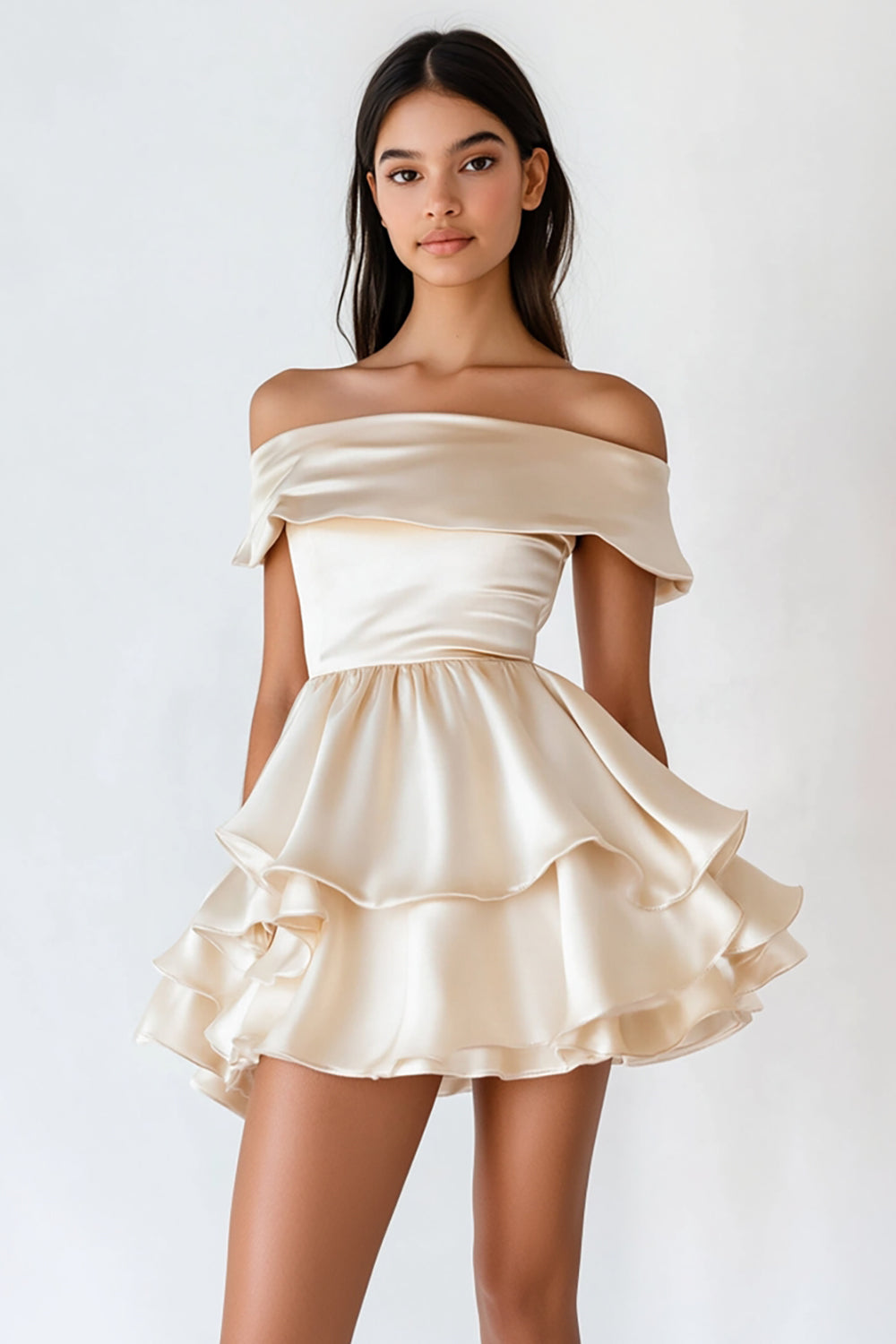 Champagne Satin Short A Line Graduation Dress with Ruffles