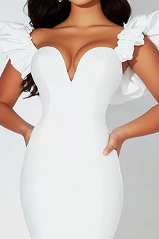 White Midi Satin Bodycon Graduation Dress with Ruffles