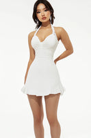 Load image into Gallery viewer, White Satin Short Halter A Line Graduation Dress with Ruffles